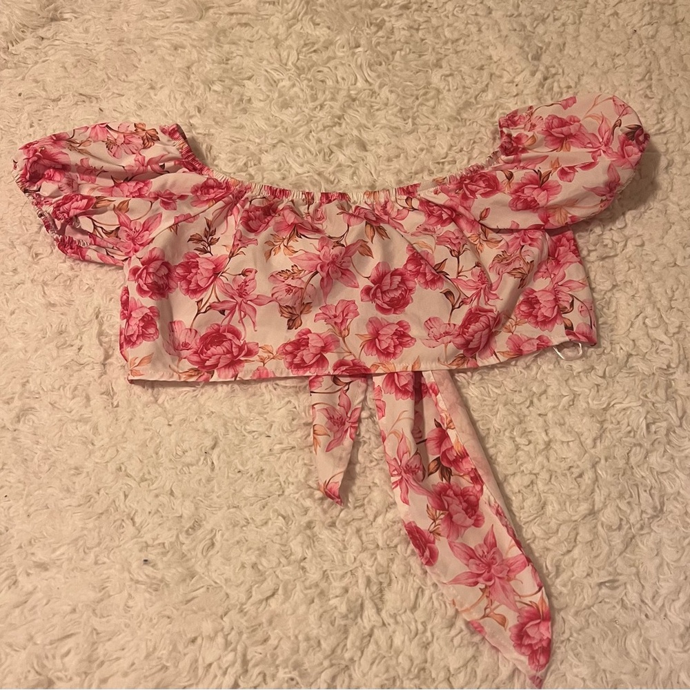 SHEIN Pink Floral Off-Shoulder Tie-Back Crop Top